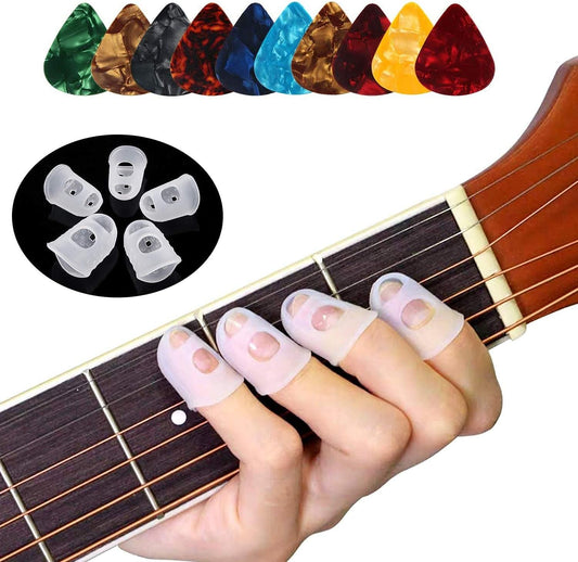 Guitar Fingertip Protectors, 40 Pcs Silicone Guitar Finger Guards | Transparent Finger Covers Caps, 5 Sizes, 10 Guitar Picks, For Guitar Ukulele Bass Instruments Players, Sew Embroidery Use