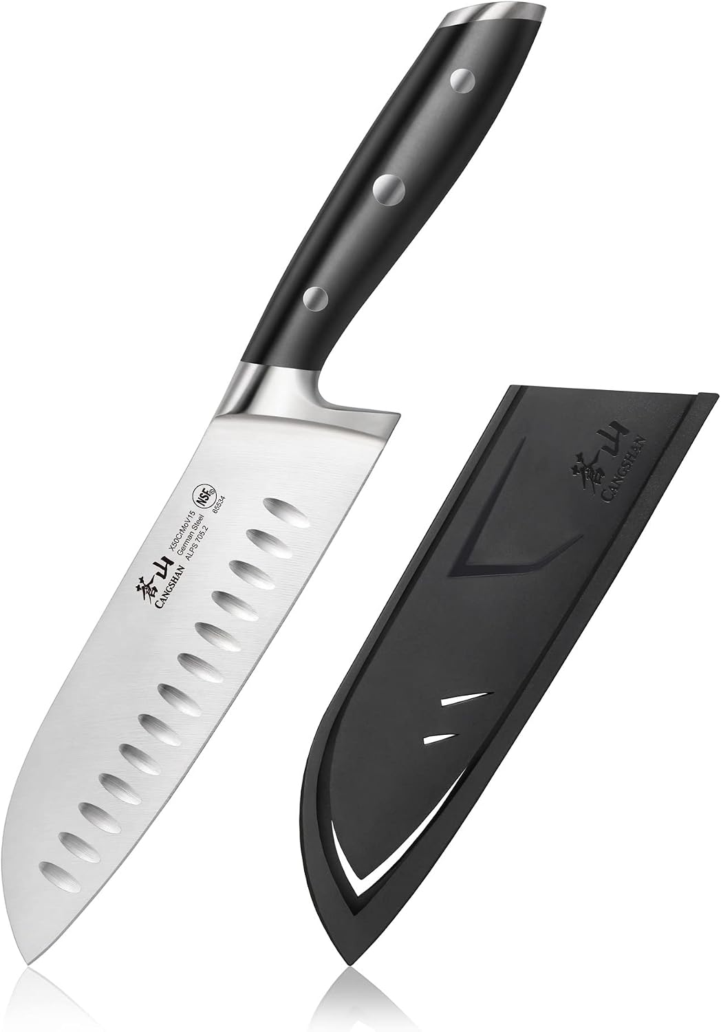 Cangshan ALPS Series 502742 German Steel Forged 7-inch Santoku Knife with Sheath, Black