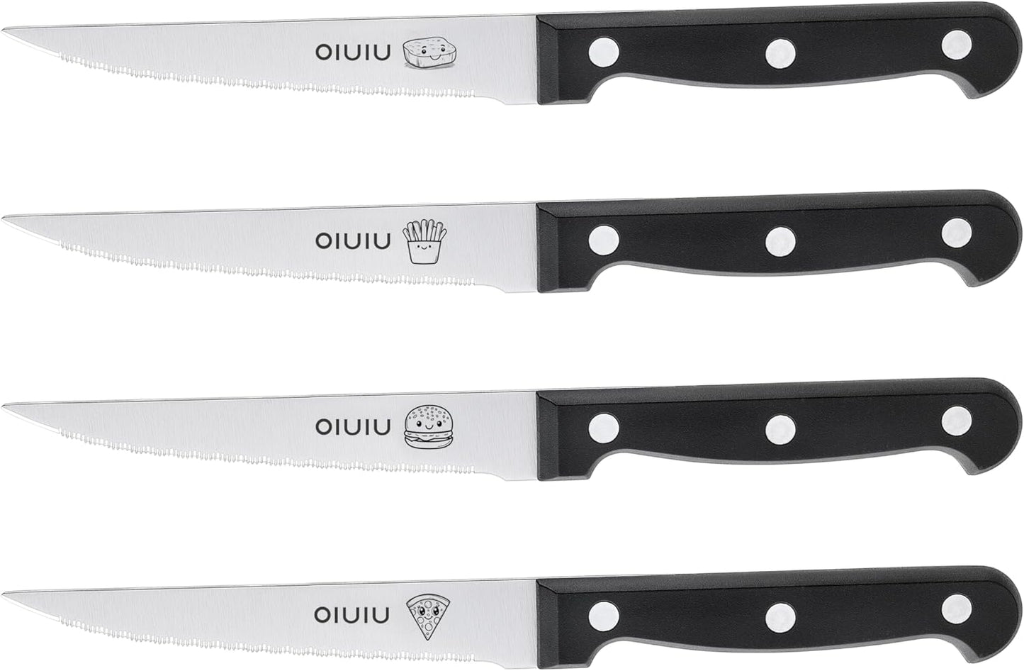 Steak Knives Set of 4, Stainless Steel Serrated Steak Knife Set, Dishwasher Safe (Unique Food Themed Design)