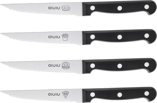 Steak Knives Set of 4, Stainless Steel Serrated Steak Knife Set, Dishwasher Safe (Unique Food Themed Design)