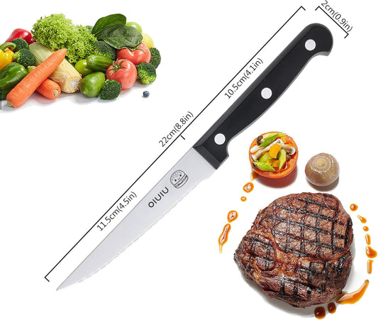 Steak Knives Set of 4, Stainless Steel Serrated Steak Knife Set, Dishwasher Safe (Unique Food Themed Design)