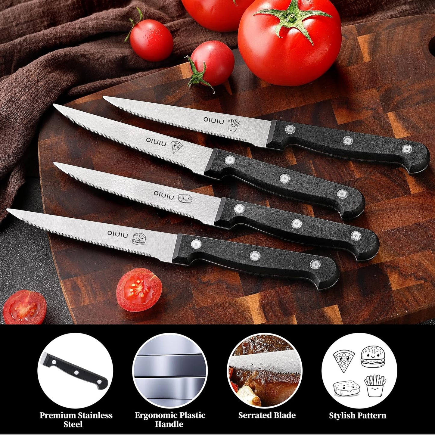 Steak Knives Set of 4, Stainless Steel Serrated Steak Knife Set, Dishwasher Safe (Unique Food Themed Design)