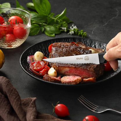 Steak Knives Set of 4, Stainless Steel Serrated Steak Knife Set, Dishwasher Safe (Unique Food Themed Design)