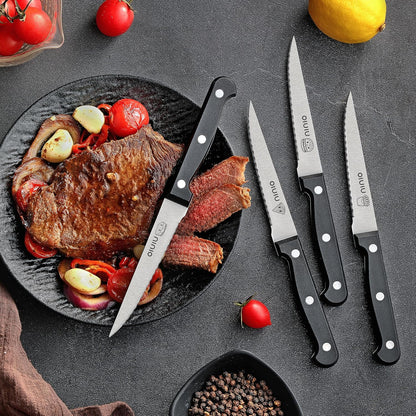 Steak Knives Set of 4, Stainless Steel Serrated Steak Knife Set, Dishwasher Safe (Unique Food Themed Design)