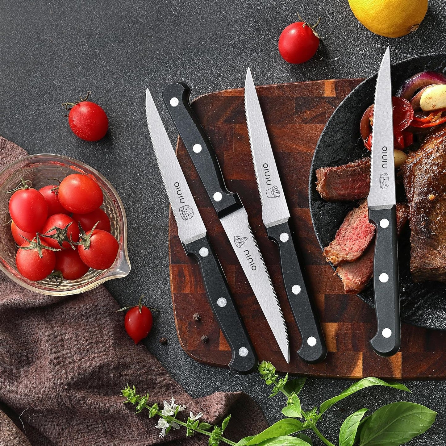 Steak Knives Set of 4, Stainless Steel Serrated Steak Knife Set, Dishwasher Safe (Unique Food Themed Design)