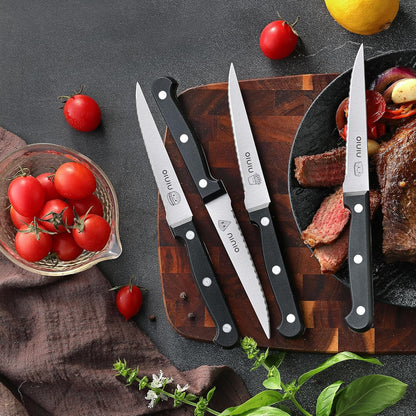 Steak Knives Set of 4, Stainless Steel Serrated Steak Knife Set, Dishwasher Safe (Unique Food Themed Design)