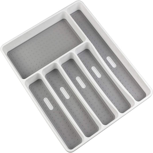 Silverware Organizer Tray for Drawer, 6 Compartment Kitchen Drawer Organizer, Soft Grip Lining and Non-Slip Rubber Feet, Flatware Plastic Cutlery Tray