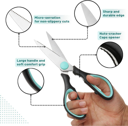 All Purpose Kitchen Shears with Protective Sheath, 8 Inch | Dishwasher Safe, Stainless Steel Food Scissors with Micro-Serrated Blades, Soft Grip Comfort Handle