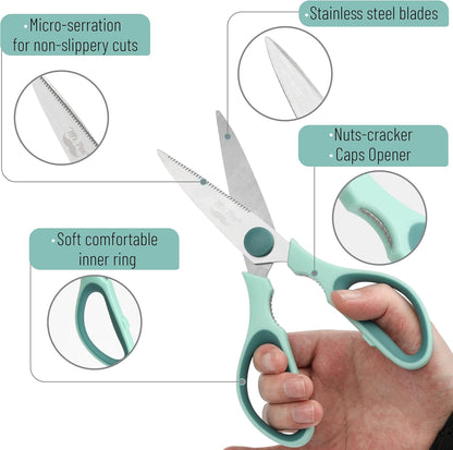 All Purpose Kitchen Shears with Protective Sheath, 8 Inch | Dishwasher Safe, Stainless Steel Food Scissors with Micro-Serrated Blades, Soft Grip Comfort Handle