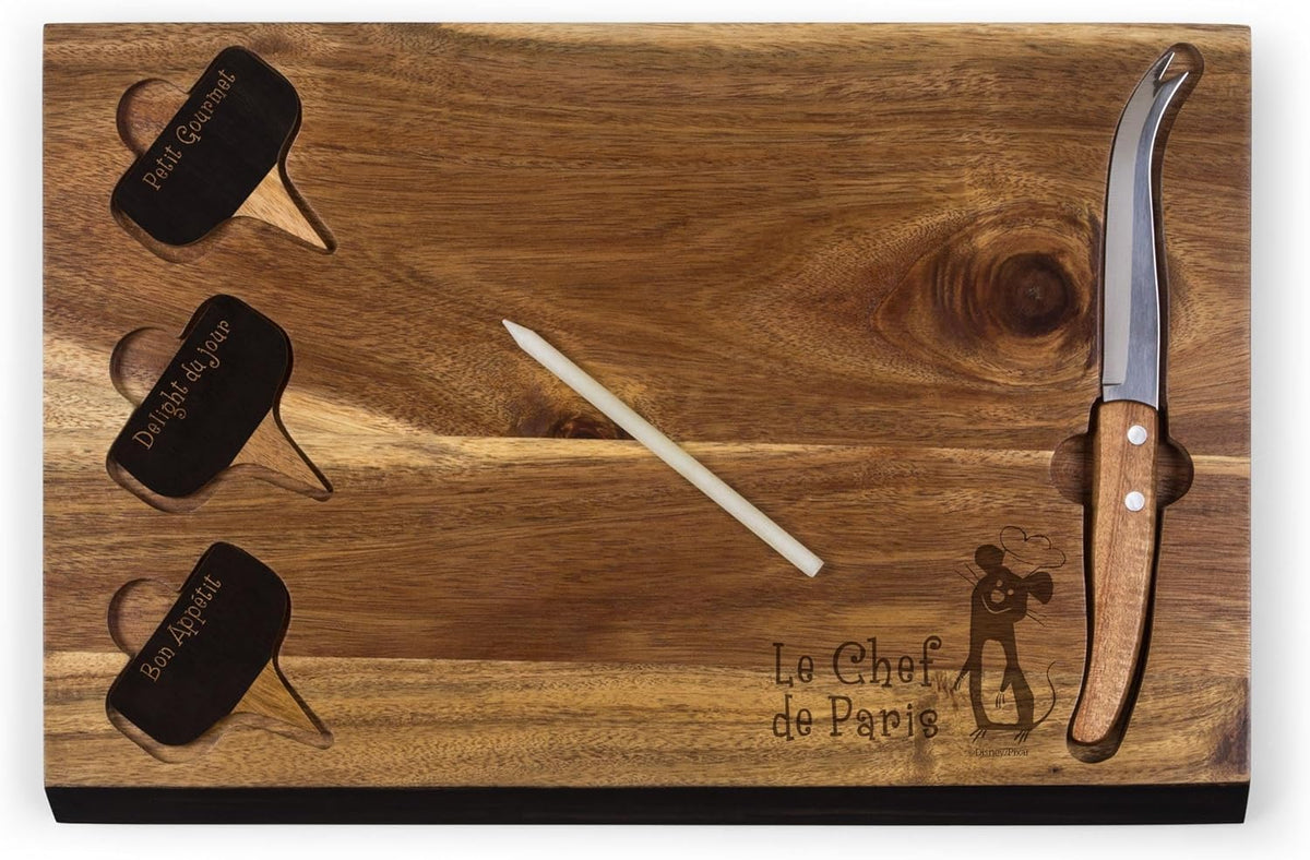 PICNIC TIME Disney Ratatouille Delio Cheese Board Knife Set Charcuterie Serving Board with Cheese Markers Chalkboard Message Area Acacia Cutting Board, (Acacia Wood)