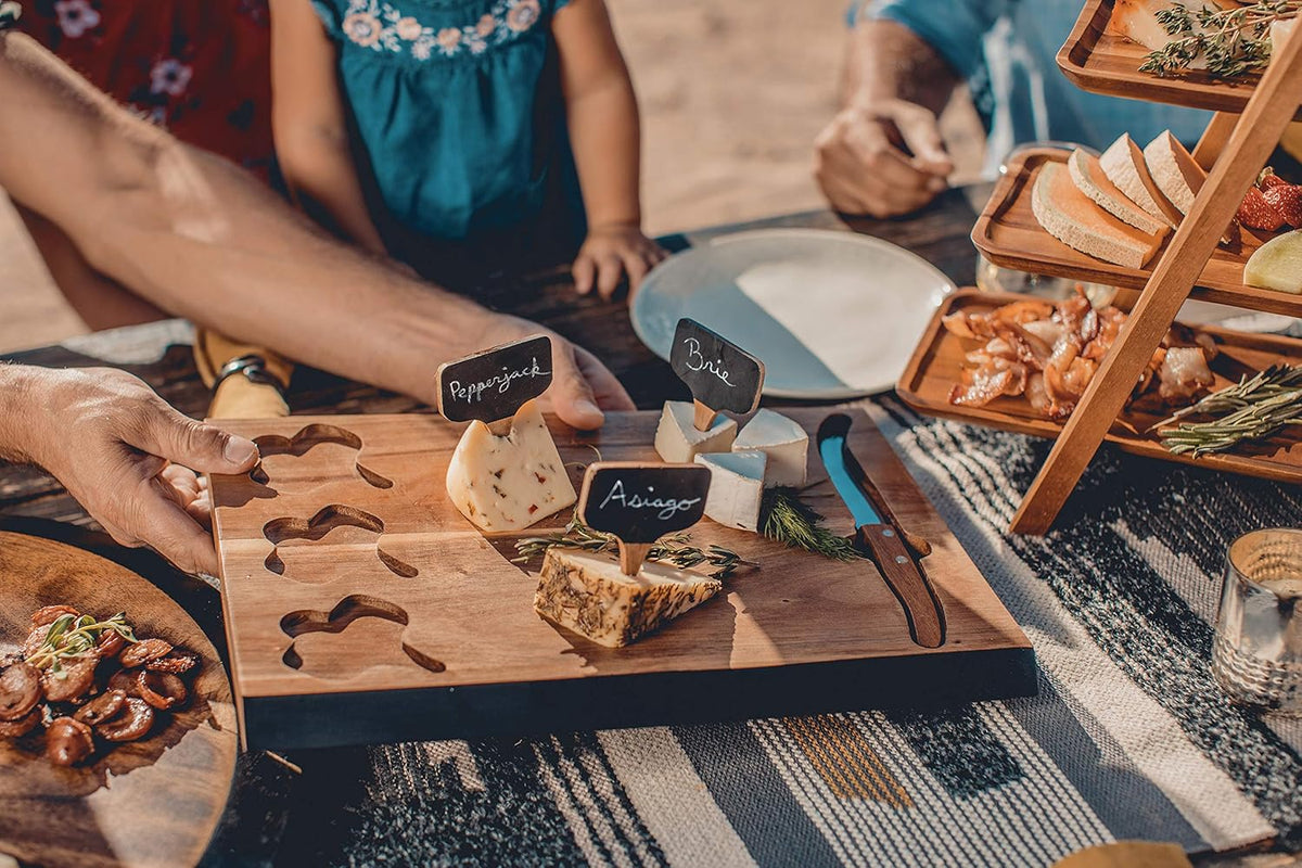 PICNIC TIME Disney Ratatouille Delio Cheese Board Knife Set Charcuterie Serving Board with Cheese Markers Chalkboard Message Area Acacia Cutting Board, (Acacia Wood)