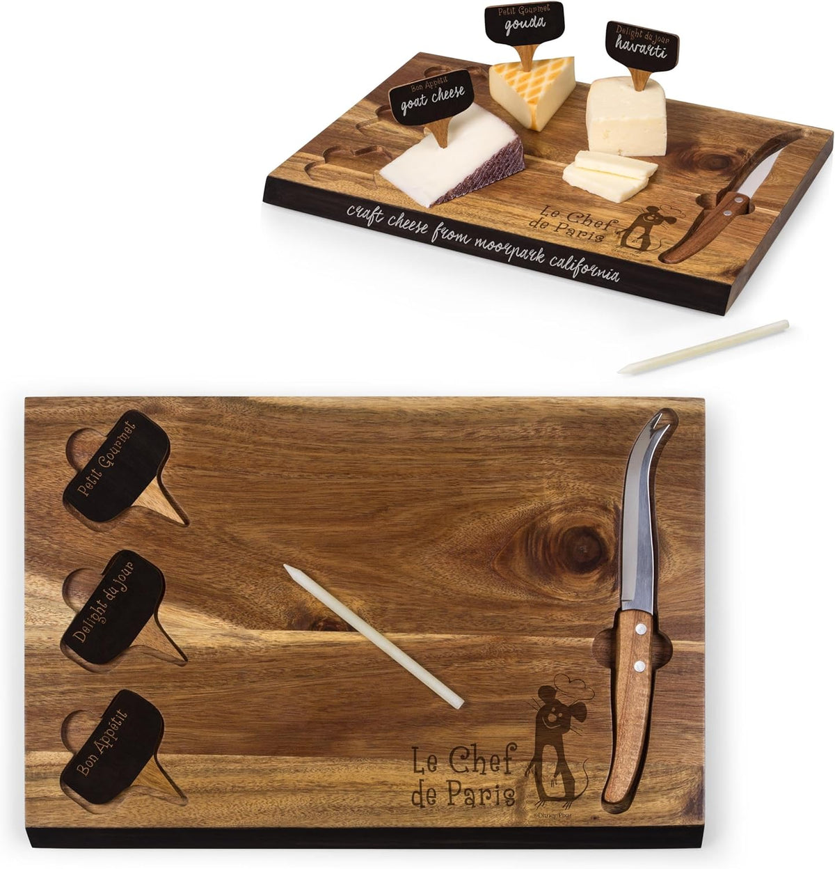 PICNIC TIME Disney Ratatouille Delio Cheese Board Knife Set Charcuterie Serving Board with Cheese Markers Chalkboard Message Area Acacia Cutting Board, (Acacia Wood)