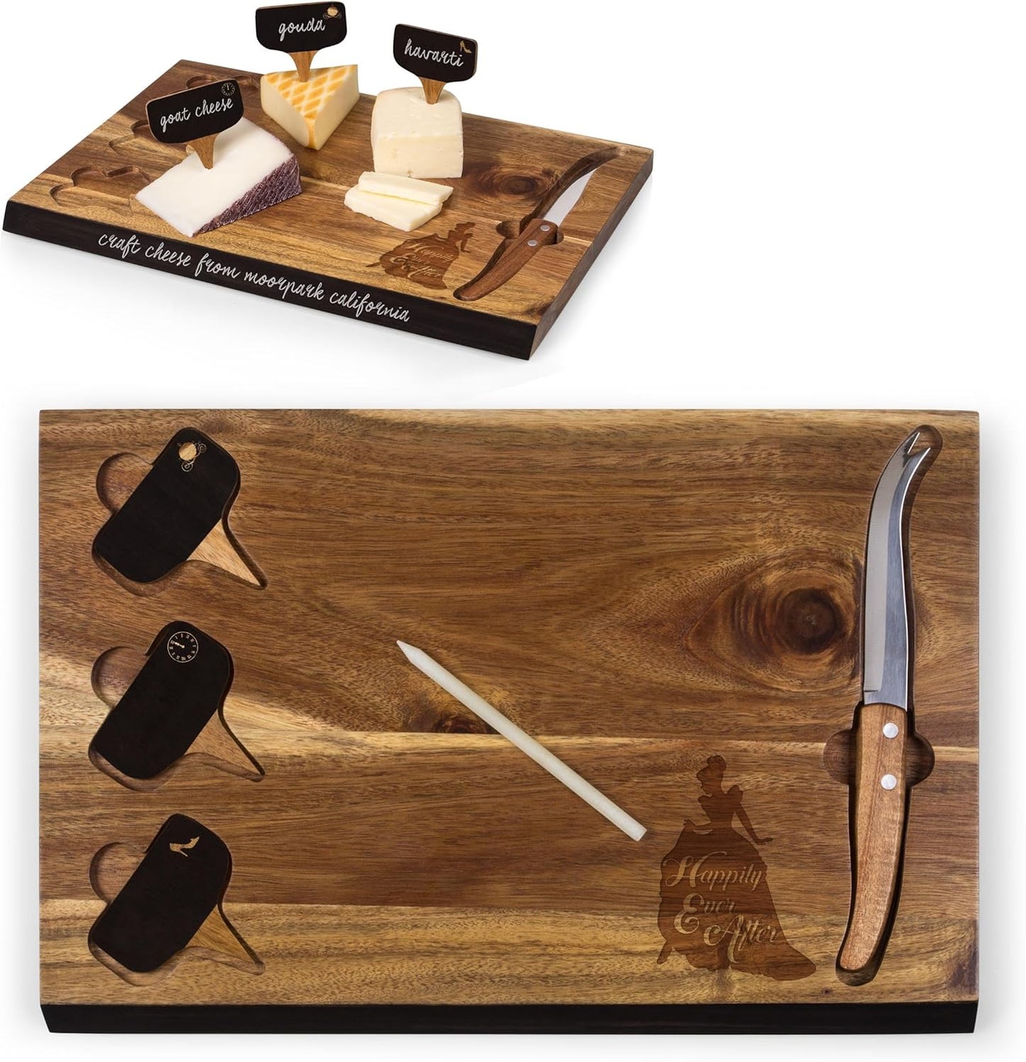 PICNIC TIME Disney Ratatouille Delio Cheese Board Knife Set Charcuterie Serving Board with Cheese Markers Chalkboard Message Area Acacia Cutting Board, (Acacia Wood)