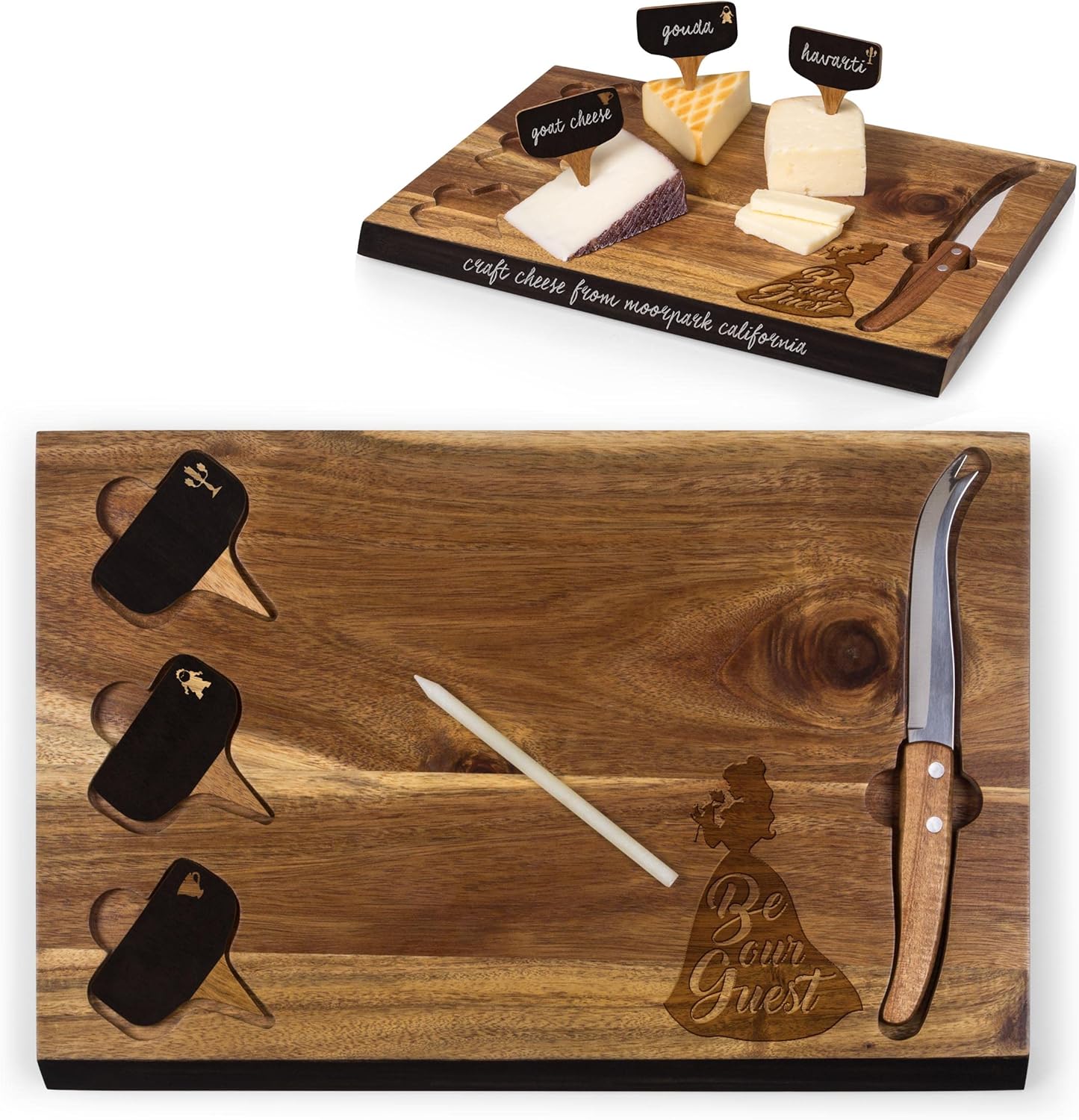 PICNIC TIME Disney Ratatouille Delio Cheese Board Knife Set Charcuterie Serving Board with Cheese Markers Chalkboard Message Area Acacia Cutting Board, (Acacia Wood)