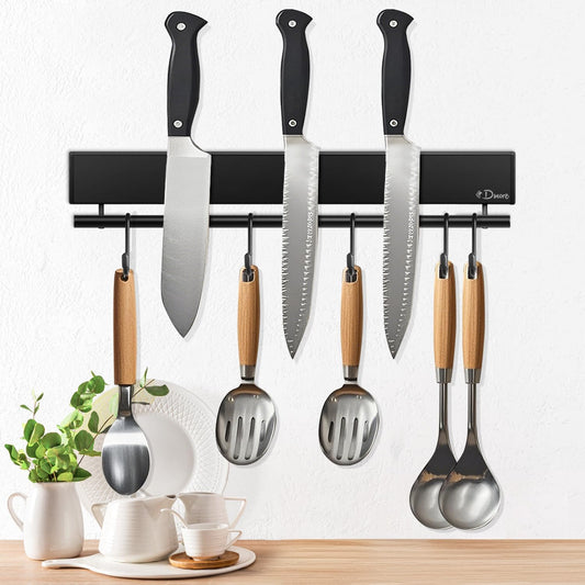 Dmore magnetic knife holder for wall—with 5 hooks, No Drilling 12 Inch black knife magnetic strip, Extra Strong Magnet knife rack, include Adhesive Tape and screws for Knives and Tools