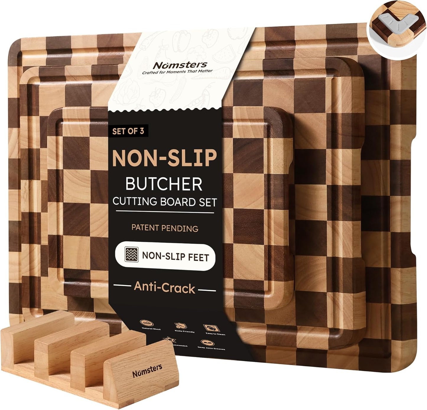 3 Packs Cutting Boards for Kitchen Checkered Cutting Board Acacia Wood Charcuterie Board Serving Heavy Duty Non Toxic Slip Butcher Block Wood Chopping Board with Juice Grooves Handles