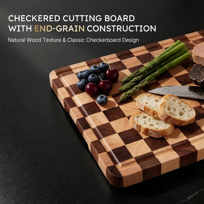 3 Packs Cutting Boards for Kitchen Checkered Cutting Board Acacia Wood Charcuterie Board Serving Heavy Duty Non Toxic Slip Butcher Block Wood Chopping Board with Juice Grooves Handles