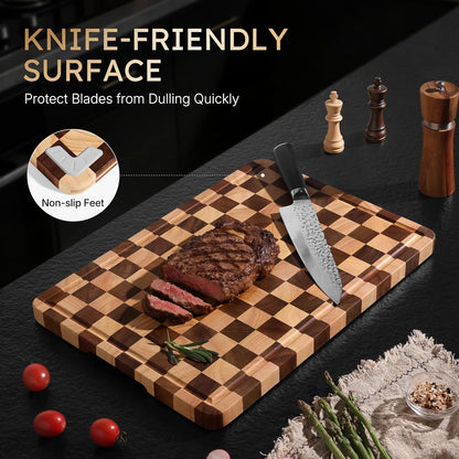 3 Packs Cutting Boards for Kitchen Checkered Cutting Board Acacia Wood Charcuterie Board Serving Heavy Duty Non Toxic Slip Butcher Block Wood Chopping Board with Juice Grooves Handles