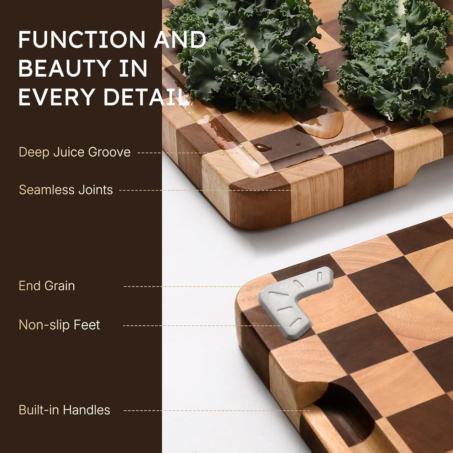 3 Packs Cutting Boards for Kitchen Checkered Cutting Board Acacia Wood Charcuterie Board Serving Heavy Duty Non Toxic Slip Butcher Block Wood Chopping Board with Juice Grooves Handles