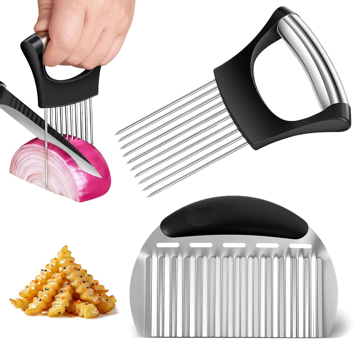 Stainless Steel Onion Holder for Slicing & Crinkle Cutter, for Home Kitchen