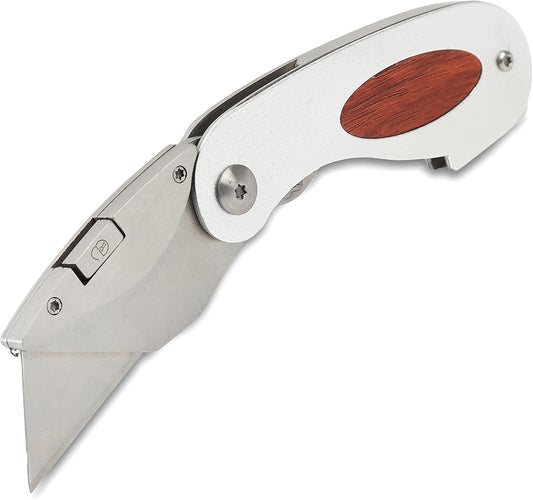 Folding Utility Knife, Accepts Standard Utility Knife Blades, Box Cutter Aluminum Handle, Attractive Wood Finish, For Home, Office, Trades, and Warehouse