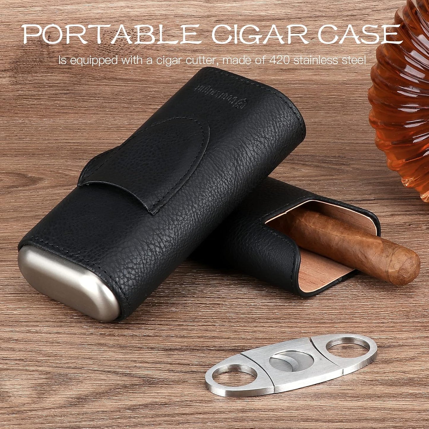 Leather Cigar Case - Cedar Wood Lining Travel Humidors for Cigars - Cigar Accessories Include Stainless Steel Cigar Cutter - Cigar Gift Box for Cigar Lovers (Black)