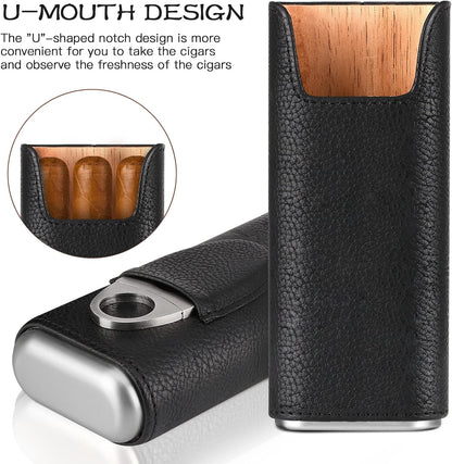 Leather Cigar Case - Cedar Wood Lining Travel Humidors for Cigars - Cigar Accessories Include Stainless Steel Cigar Cutter - Cigar Gift Box for Cigar Lovers (Black)