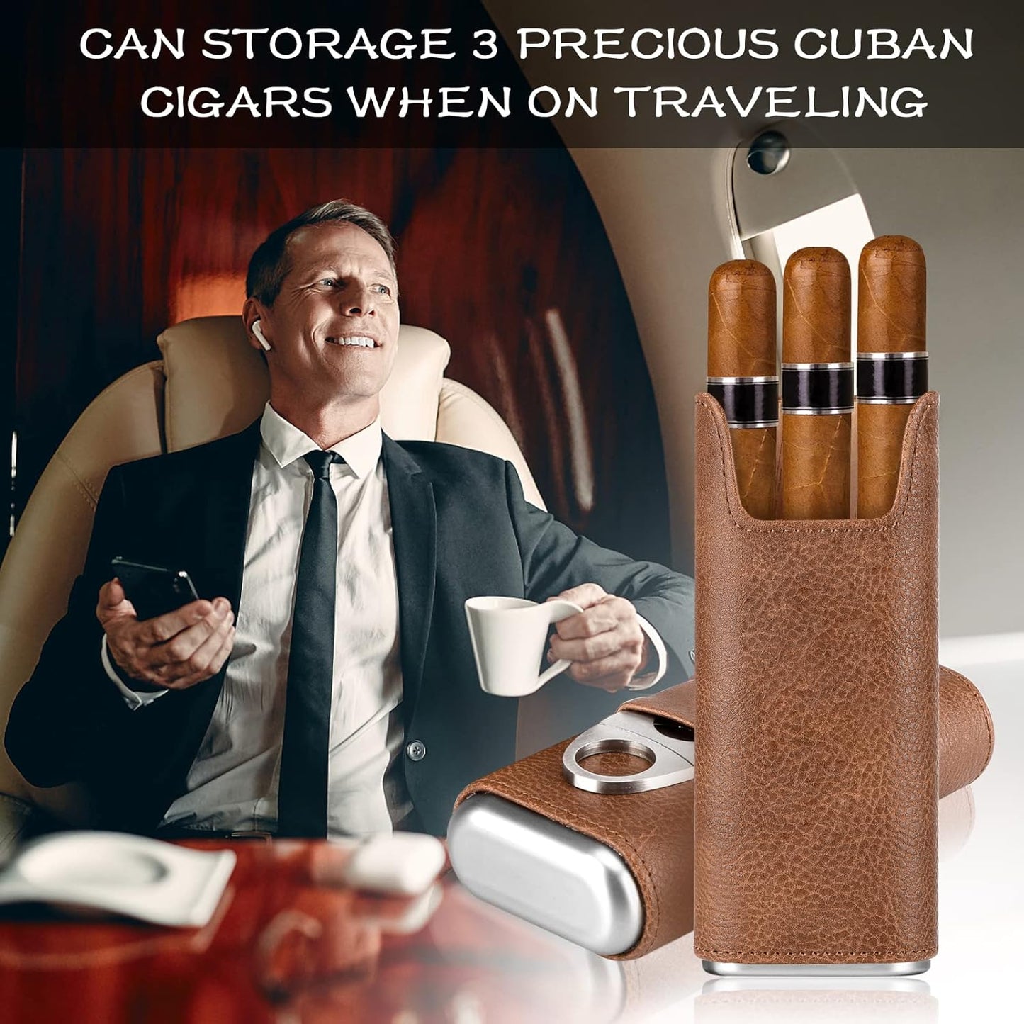 Leather Cigar Case - Cedar Wood Lining Travel Humidors for Cigars - Cigar Accessories Include Stainless Steel Cigar Cutter - Cigar Gift Box for Cigar Lovers (Black)