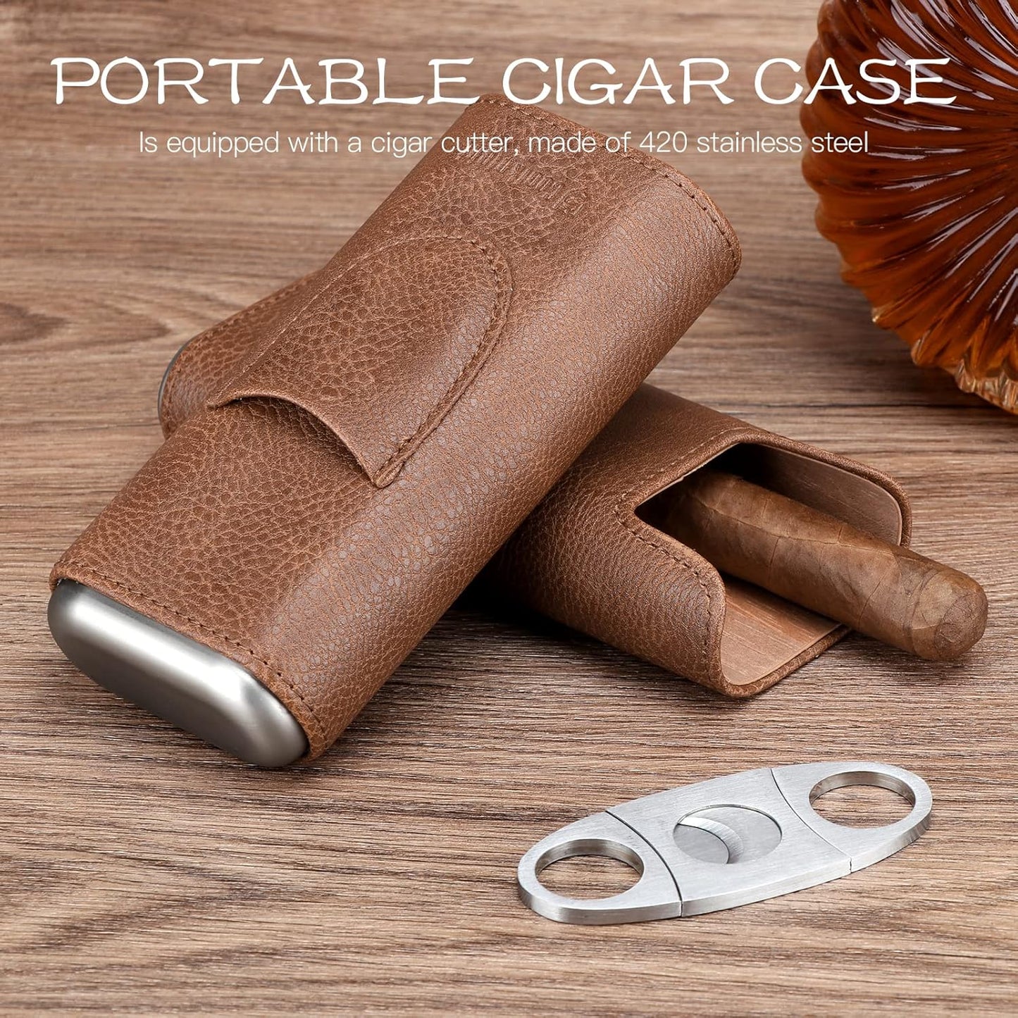 Leather Cigar Case - Cedar Wood Lining Travel Humidors for Cigars - Cigar Accessories Include Stainless Steel Cigar Cutter - Cigar Gift Box for Cigar Lovers (Black)