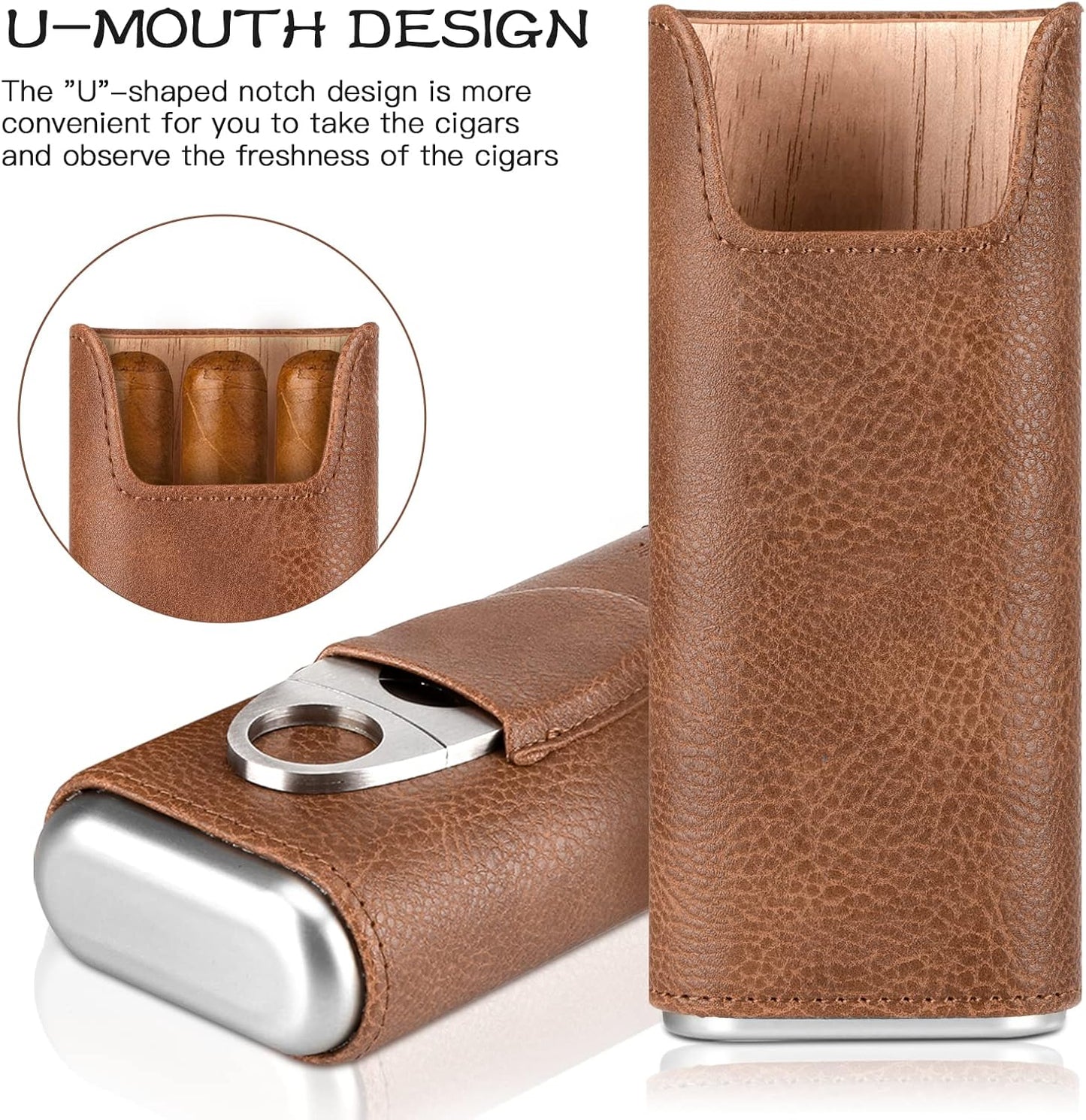 Leather Cigar Case - Cedar Wood Lining Travel Humidors for Cigars - Cigar Accessories Include Stainless Steel Cigar Cutter - Cigar Gift Box for Cigar Lovers (Black)