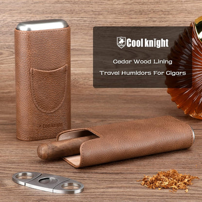 Leather Cigar Case - Cedar Wood Lining Travel Humidors for Cigars - Cigar Accessories Include Stainless Steel Cigar Cutter - Cigar Gift Box for Cigar Lovers (Black)