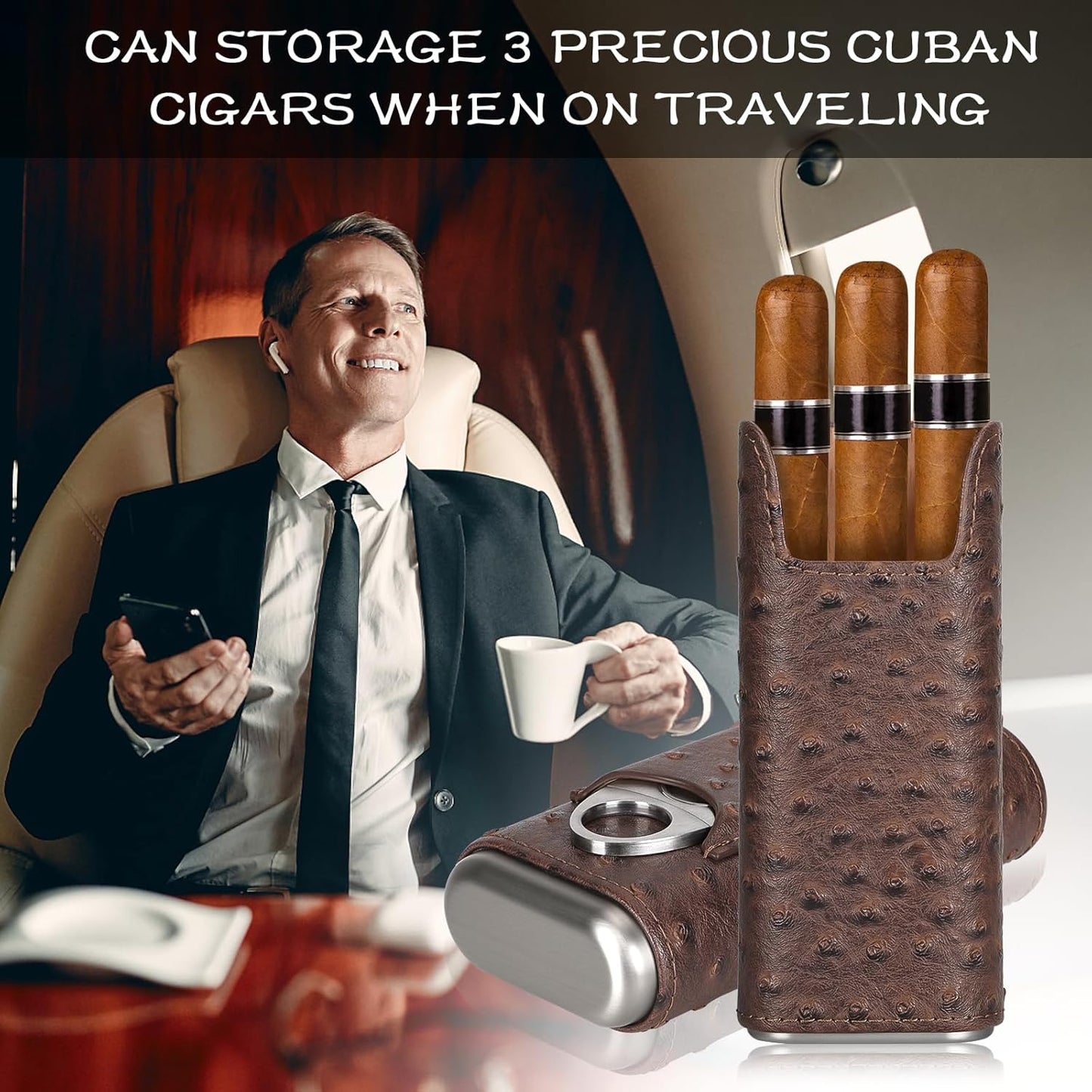 Leather Cigar Case - Cedar Wood Lining Travel Humidors for Cigars - Cigar Accessories Include Stainless Steel Cigar Cutter - Cigar Gift Box for Cigar Lovers (Black)