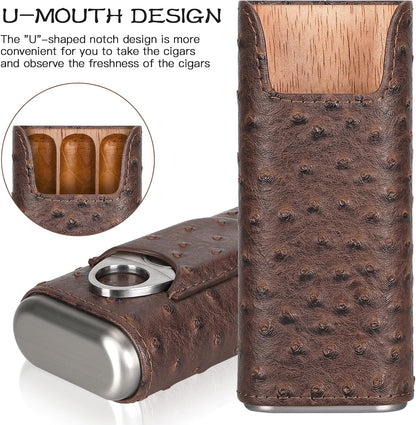 Leather Cigar Case - Cedar Wood Lining Travel Humidors for Cigars - Cigar Accessories Include Stainless Steel Cigar Cutter - Cigar Gift Box for Cigar Lovers (Black)