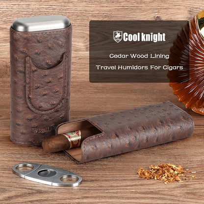 Leather Cigar Case - Cedar Wood Lining Travel Humidors for Cigars - Cigar Accessories Include Stainless Steel Cigar Cutter - Cigar Gift Box for Cigar Lovers (Black)