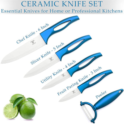 Kitchen Cutlery White Ceramic Knife Set, Ceramic Knife Set and Fruit Peeler, Rust Proof & Stain Resistant, Kitchen Cooking Knife Set 5 pieces Blue Knives