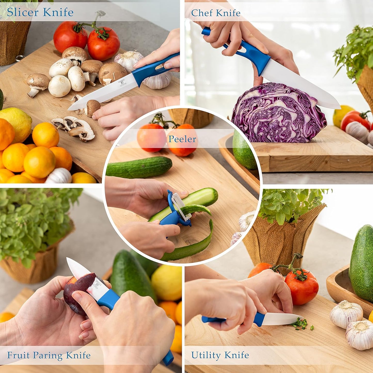Kitchen Cutlery White Ceramic Knife Set, Ceramic Knife Set and Fruit Peeler, Rust Proof & Stain Resistant, Kitchen Cooking Knife Set 5 pieces Blue Knives
