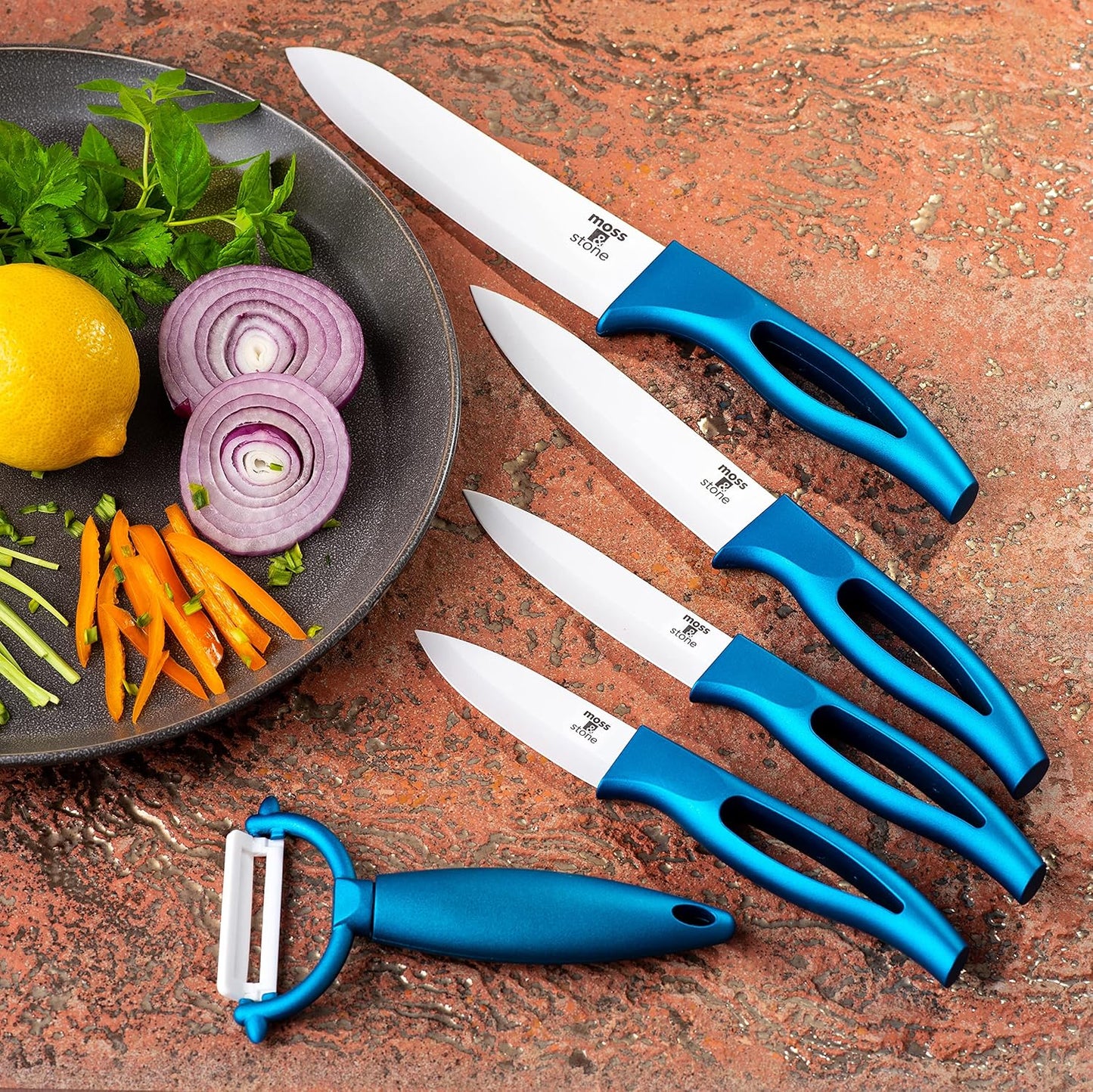 Kitchen Cutlery White Ceramic Knife Set, Ceramic Knife Set and Fruit Peeler, Rust Proof & Stain Resistant, Kitchen Cooking Knife Set 5 pieces Blue Knives