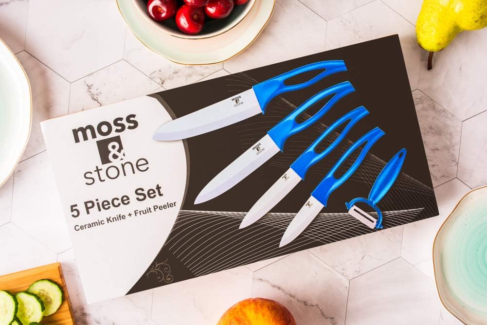 Kitchen Cutlery White Ceramic Knife Set, Ceramic Knife Set and Fruit Peeler, Rust Proof & Stain Resistant, Kitchen Cooking Knife Set 5 pieces Blue Knives