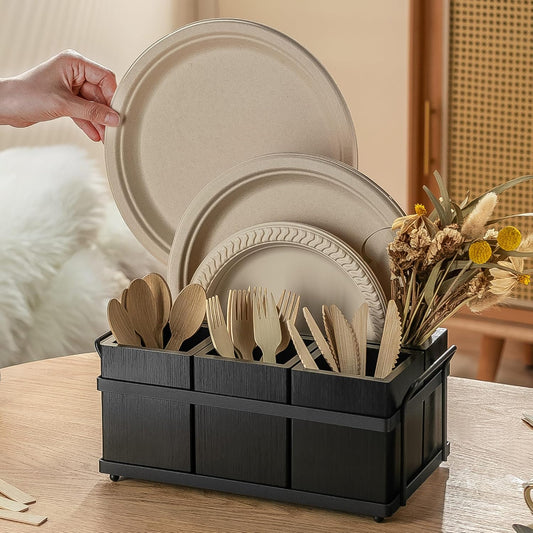 Silverware Caddy Black Wood Silverware Holder Paper Plate Dispenser Utensil Caddy Cutlery Flatware Organizer Box for Spoons Forks Plates Napkins