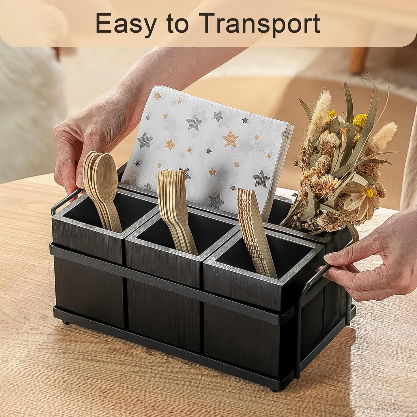 Silverware Caddy Black Wood Silverware Holder Paper Plate Dispenser Utensil Caddy Cutlery Flatware Organizer Box for Spoons Forks Plates Napkins