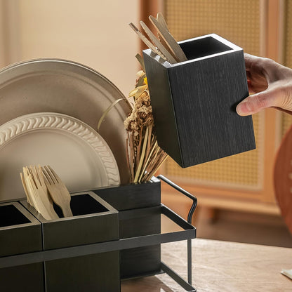 Silverware Caddy Black Wood Silverware Holder Paper Plate Dispenser Utensil Caddy Cutlery Flatware Organizer Box for Spoons Forks Plates Napkins
