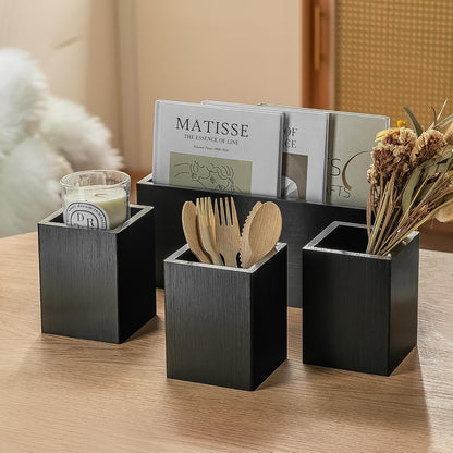 Silverware Caddy Black Wood Silverware Holder Paper Plate Dispenser Utensil Caddy Cutlery Flatware Organizer Box for Spoons Forks Plates Napkins