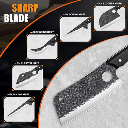 TAN REN 17PCS Butcher Knife Set with Bag, High Carbon Steel BBQ Knife Set | Meat Knife Set, Hand Forged Kitchen Chef Knives for Men Home & Outdoor Cooking