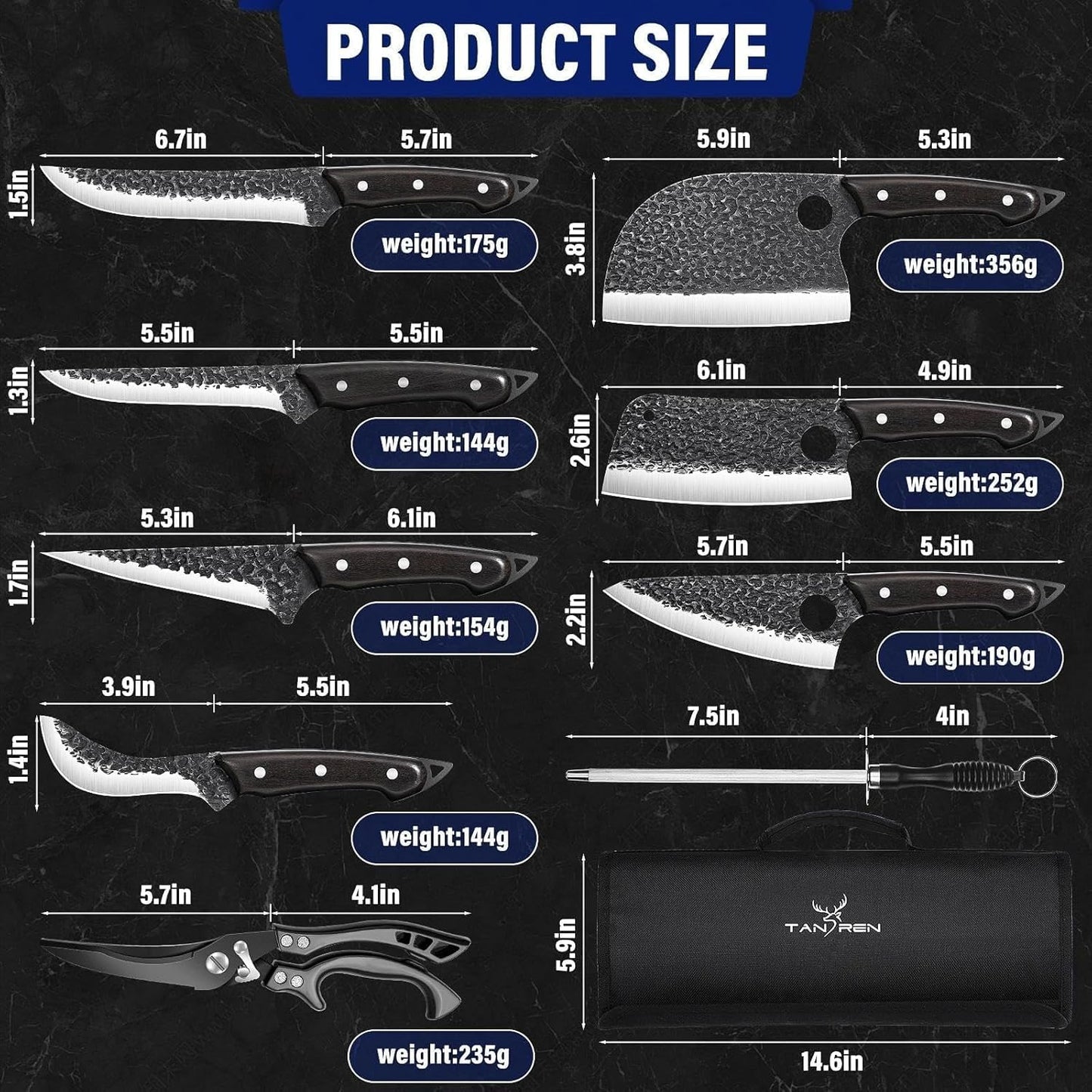 TAN REN 17PCS Butcher Knife Set with Bag, High Carbon Steel BBQ Knife Set | Meat Knife Set, Hand Forged Kitchen Chef Knives for Men Home & Outdoor Cooking