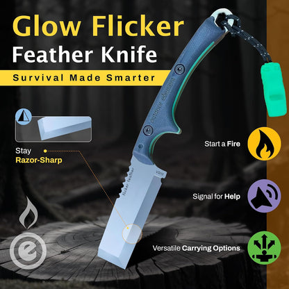 Scout Feather Glow - Fixed Blade Survival Knife with built-in Firestarter for Camping, Hunting, Outdoor Adventure and Culinary Need - VG10 Blade, Whistle, Knife Sharpener, Compact Sheath & G10 Handle