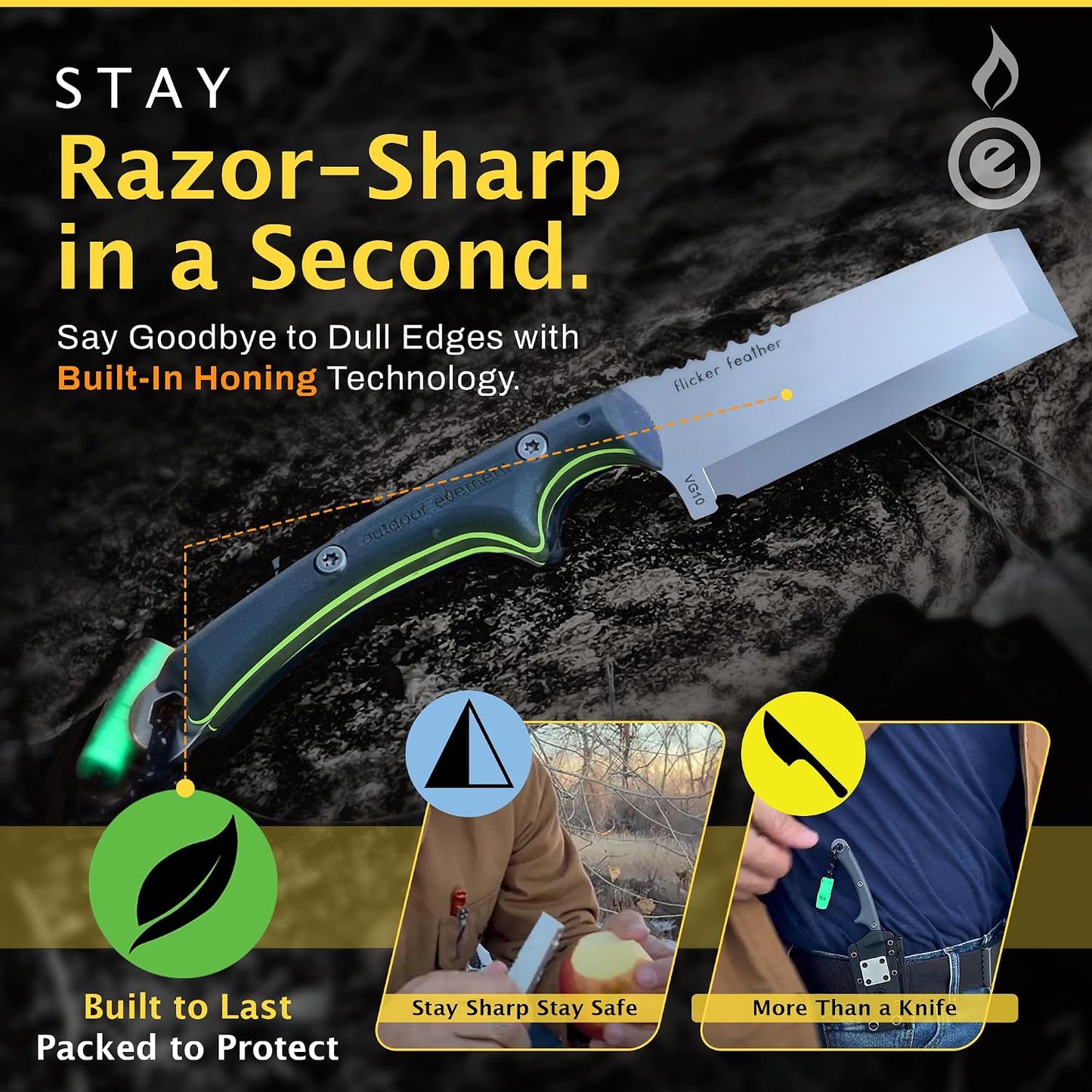 Scout Feather Glow - Fixed Blade Survival Knife with built-in Firestarter for Camping, Hunting, Outdoor Adventure and Culinary Need - VG10 Blade, Whistle, Knife Sharpener, Compact Sheath & G10 Handle