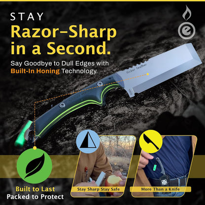 Scout Feather Glow - Fixed Blade Survival Knife with built-in Firestarter for Camping, Hunting, Outdoor Adventure and Culinary Need - VG10 Blade, Whistle, Knife Sharpener, Compact Sheath & G10 Handle