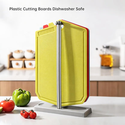 Cutting Boards for Kitchen, Plastic Cutting Board Set of 3,Colorful Chopping Boards With Storage Stand,Food Icon,Non-Slip, Meat Cutting Board For Kitchen,Dishwasher Safe （13.3"X 9.8" X 2.3" ）