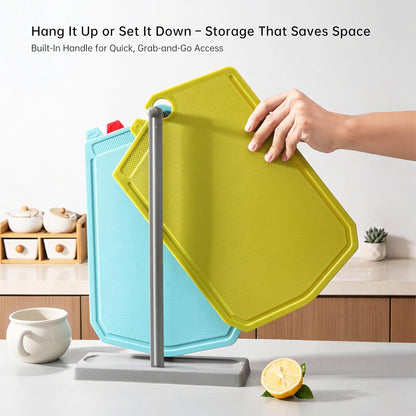 Cutting Boards for Kitchen, Plastic Cutting Board Set of 3,Colorful Chopping Boards With Storage Stand,Food Icon,Non-Slip, Meat Cutting Board For Kitchen,Dishwasher Safe （13.3"X 9.8" X 2.3" ）