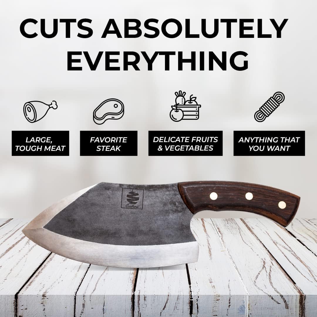 Daozi 8" Butcher Knife, Hand-Forged High-Carbon Cleaver | Heavy-duty meat cutting, slicing, chopping, brisket & BBQ. Full tang forged blade with ergonomic wood handle.